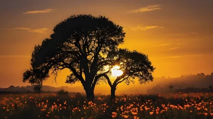 Fototapeten sunset in the forest and sunset in the poppy field and sunset in the mountains  © Waseem