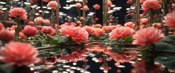 Multiple reflections of Flowers between the mirrors in a sequence of mirrors, spectacle of repeated, sychronized forms. Aesthetic: Delicate and vibrant