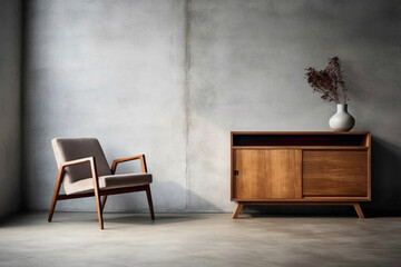 Clean wooden furniture against textured concrete, empty poster frame.