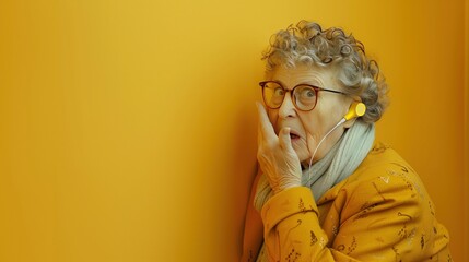 Curious old grandmother neighbor eavesdrops on her neighbors behind the wall, emotions of surprise and shock on yellow background. Problems with noisy, noxious neighbors - obrazy, fototapety, plakaty