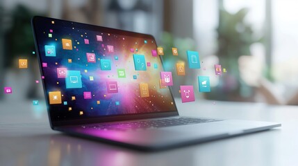 Laptop as a source of information on topics for study, education, communication and training. Internet as a part of life, digital addiction. Information technology icons flying around the laptop