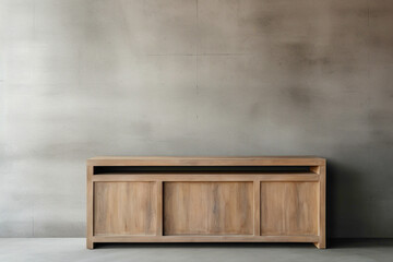 Clean wooden storage set against textured concrete wall, blank frame.