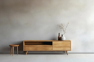Clean wooden storage set against textured concrete wall, blank frame.
