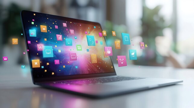 Laptop as a source of information on topics for study, education, communication and training. Internet as a part of life, digital addiction. Information technology icons flying around the laptop