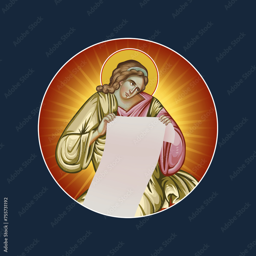 Wall mural Medallion with archangel on a dark blue background. Religious illustration in Byzantine style