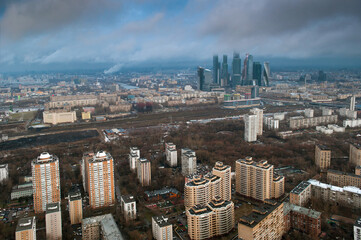 Above view of high buildings in neighborhood at spring cloudy day in Moscow