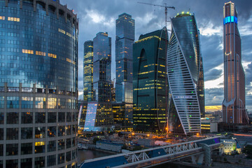  Cityscape of skyscrapers of Moscow City business complex and Bagration bridge. Moscow...