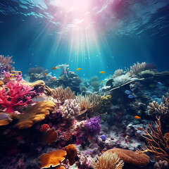 Naklejka na ściany i meble Underwater world with colorful coral reefs.