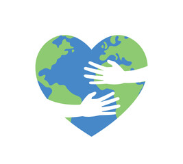 save the planet concept, heart shaped earth symbol with hugging hands, vector icon