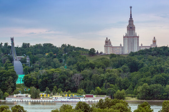 Moscow State University on Vorobyevy Hill, artificial ski slope and Moskva river in Moscow