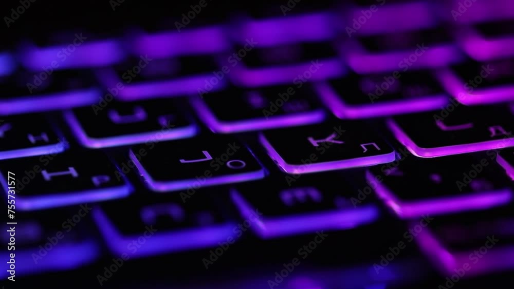 Poster backlit laptop keyboard changing color close-up.