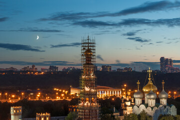 Novodevichy Convent during renovation at moonlit night in Moscow