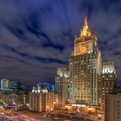 Fototapeta na wymiar Foreign Ministry building with illumination at evening in Moscow. Long exposure