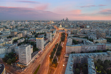 Fototapeta na wymiar View from business center Weapons to Garden Ring at evening in Moscow, Russia. Long exposure