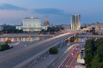 Fototapeta na wymiar Government of Russian Federation, Novoarbatsky bridge in Moscow, Russia