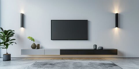 Mockup of a tv on a cabinet in an empty room in modern style with a white wall background, 3d render, 3d illustration - obrazy, fototapety, plakaty
