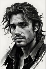 Obraz premium black and white portrait, a strikingly handsome man is captured with long disheveled hair and a smudged face. Generative AI