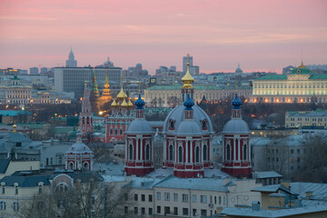 Orthodox churches and Big kremlin Palace during sunset in Moscow, Russia