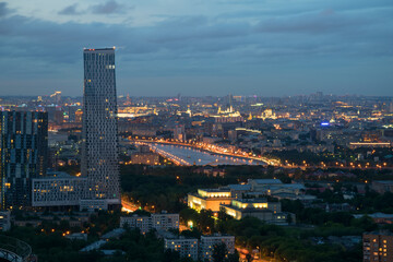 Fototapeta na wymiar Skyscraper on Mosfilmovskaya street in summer evening in Moscow, Russia