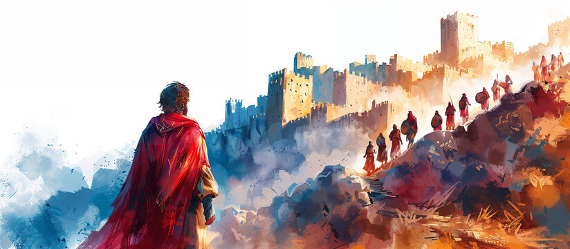 Evocative scene of Joshua overlooking Jericho, poised for the historic battle.