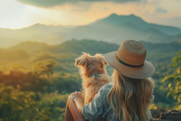 mountain view background and back side of tourist woman. she's traveling with dog. they are best friend. she's holding a dog at view point at mountain. morning light and bokeh. - obrazy, fototapety, plakaty