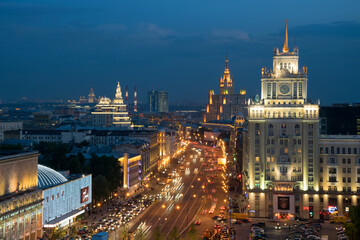 Fototapeta na wymiar Garden ring, Beijing Hotel, Theatre of Satire, Stalin skyscraper on Kudrinskaya Square at evening