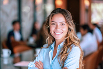 Obraz premium Hispanic businesswoman in blue formal shirt, arms crossed in meeting room