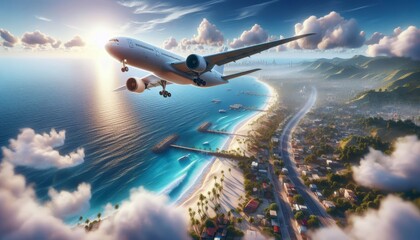 An airplane flies over a tropical beach with clear blue water, palm trees, houses against the backdrop of the sunrise. Air travel with a travel agency to an exotic country on vacation - obrazy, fototapety, plakaty