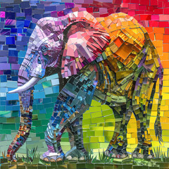 Create a collage-style artwork that combines vibrant rainbow gradients with fragmented images of elephants