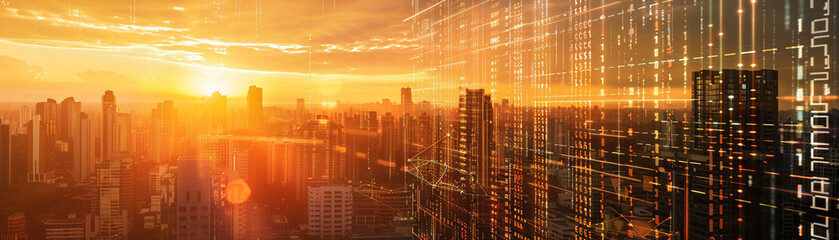 A golden sun rising over a futuristic cityscape