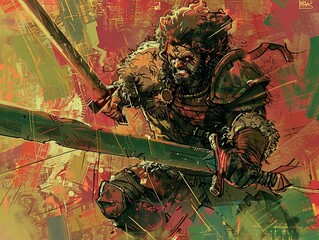 Digital painting of A berserker charges into battle on the battlefield map fueled by rage. - obrazy, fototapety, plakaty