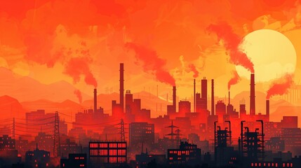 Illustration Industry metallurgical plant dawn smoke smog emissions bad ecology - obrazy, fototapety, plakaty