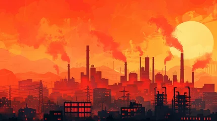 Gordijnen Illustration Industry metallurgical plant dawn smoke smog emissions bad ecology © anatoliycherkas