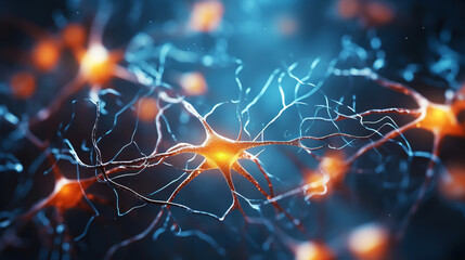 Visualization of neurons in the human brain. Overview of brain cells. Generative AI - obrazy, fototapety, plakaty