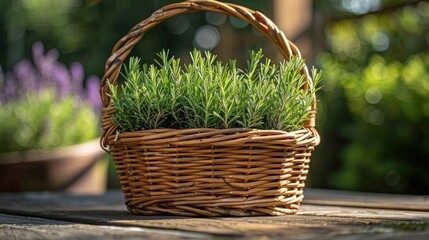 Fototapeta na wymiar rosemary plants, placed neatly in a handwoven basket
