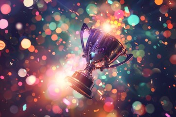 An overhead shot of a shiny trophy surrounded by colorful light flares and sparkles - obrazy, fototapety, plakaty