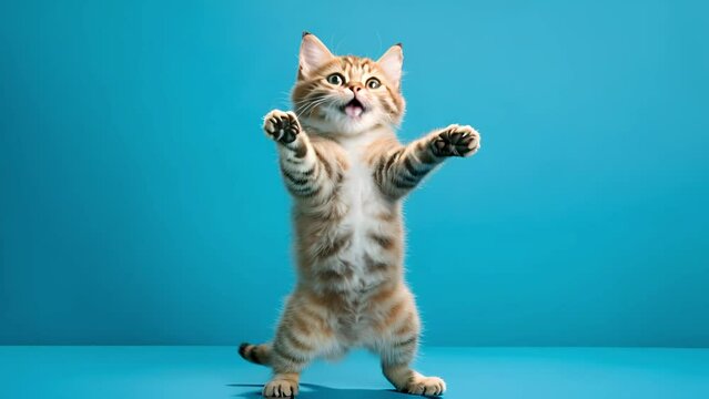 A kitten stands on its hind legs on a blue background