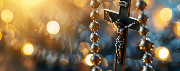 Glowing Holy Cross amidst ancient beads a symbol of unwavering faith and purity - obrazy, fototapety, plakaty