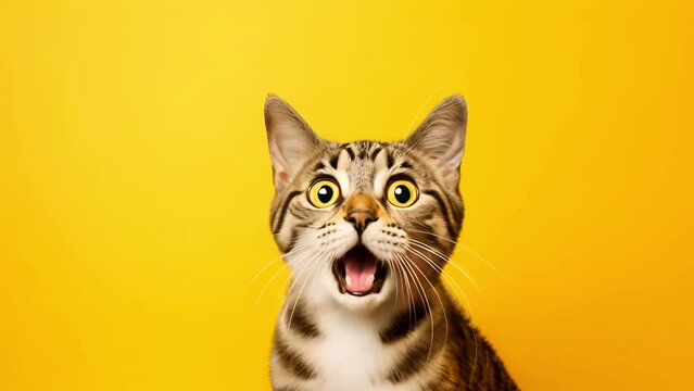 A very surprised cat with wide open eyes and mouth on a yellow background