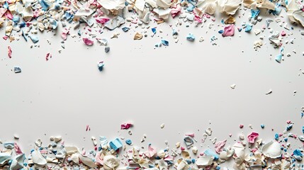 Pieces of colorful plastic and polyethylene on white background, flat lay and top view