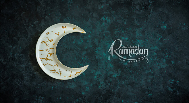 Ramadan Mubarak background, flatly image of Crescent moon shape with Ramadan greeting