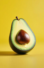Half an avocado with a pit on a bright yellow background, minimalist style