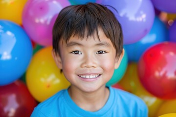 Asian boy in blue sweater smiling, background with colorful balloons