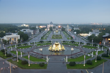 Fountain Friendship Of Nations with illumination in VDNKh park at summer evening in Moscow, Russia
