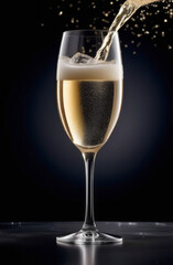 Glass of champagne, pouring a sparkling wine drink into a tall glass on a dark background