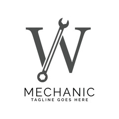 letter W logo with wrench. Alphabet W Spanner Icon design
