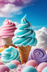Blue ice cream cone among clouds and cotton candy, against a blue sky