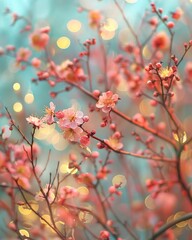 Abstract delicate blur bokeh background with peachy coral, minty teal, and shimmering bronze colors