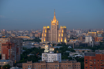 Fototapeta na wymiar Residential building on square Kudrinskaya (Stalin skyscraper) at summer night in Moscow, Russia