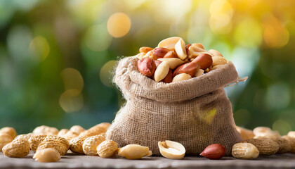 Peanuts in small burlap bag. Tasty and healthy snack. Natural backdrop.